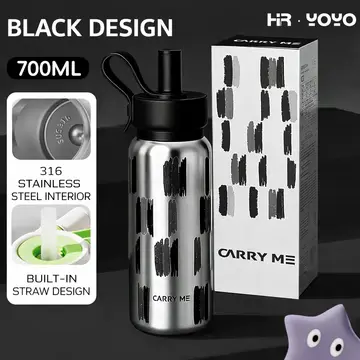 700ML Carry Me Premium Stainless Steel Water Bottle with Flip Straw & Carry Loop in Silver, view 2