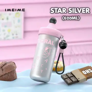 Premium 620ml Creative Stainless Steel Water Bottle with Straw & Cute Charm in Silver, view 3