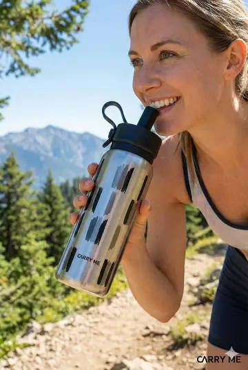 700ML Carry Me Premium Stainless Steel Water Bottle with Flip Straw & Carry Loop in Silver, view 4