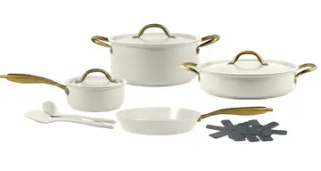 Premium Ceramic Nonstick Cookware Set with Gold Handles in White, view 1