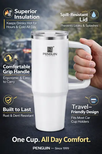 Penguin 1200ml Superior Insulated Travel Tumbler with Handle & Straw Lid in White, view 2
