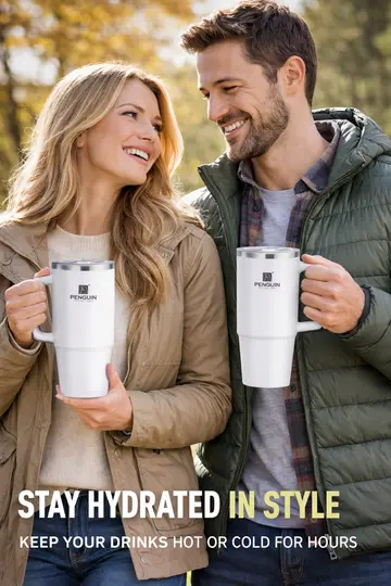 Penguin 1200ml Superior Insulated Travel Tumbler with Handle & Straw Lid in White, view 3