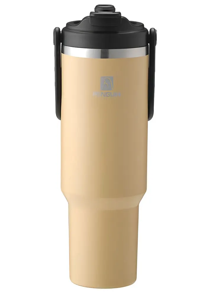 1200ml Penguin Vacuum Insulated Travel Tumbler with Handle - Hot & Cold Car Mug in Sandy Beige, view 5