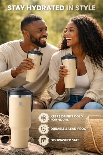 1200ml Penguin Vacuum Insulated Travel Tumbler with Handle - Hot & Cold Car Mug in Sandy Beige, view 2
